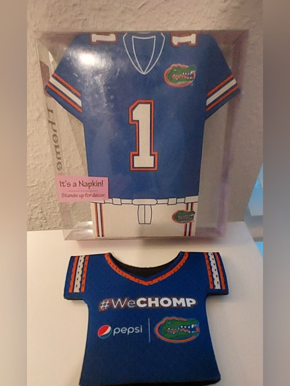 Florida Gators We Chomp Jersey Bottle Koozie Stand Up Napkins Logo NCAA